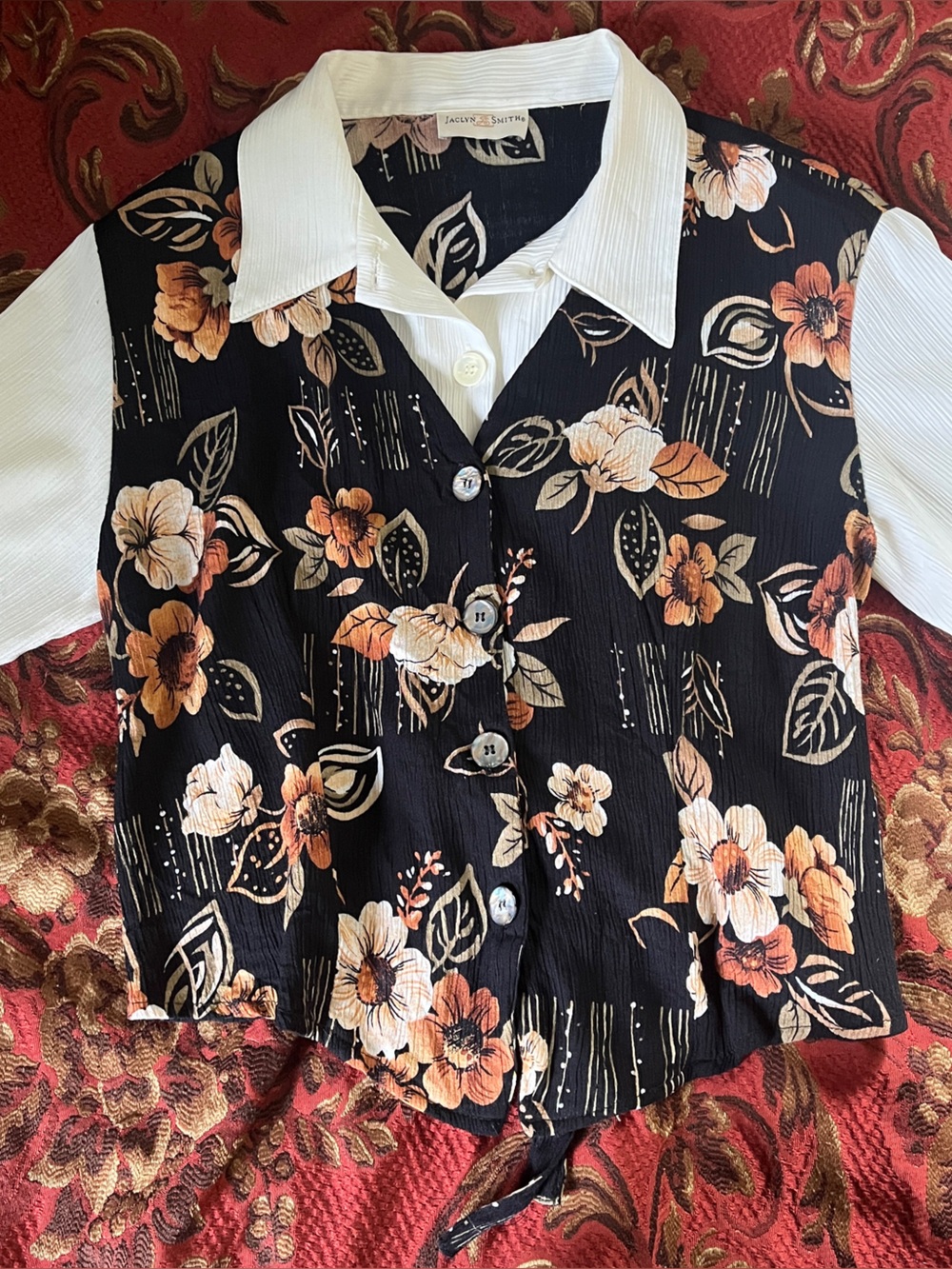 Jaclyn Smith Black Floral Button-Front Vest with Cream and Tan Blooms
